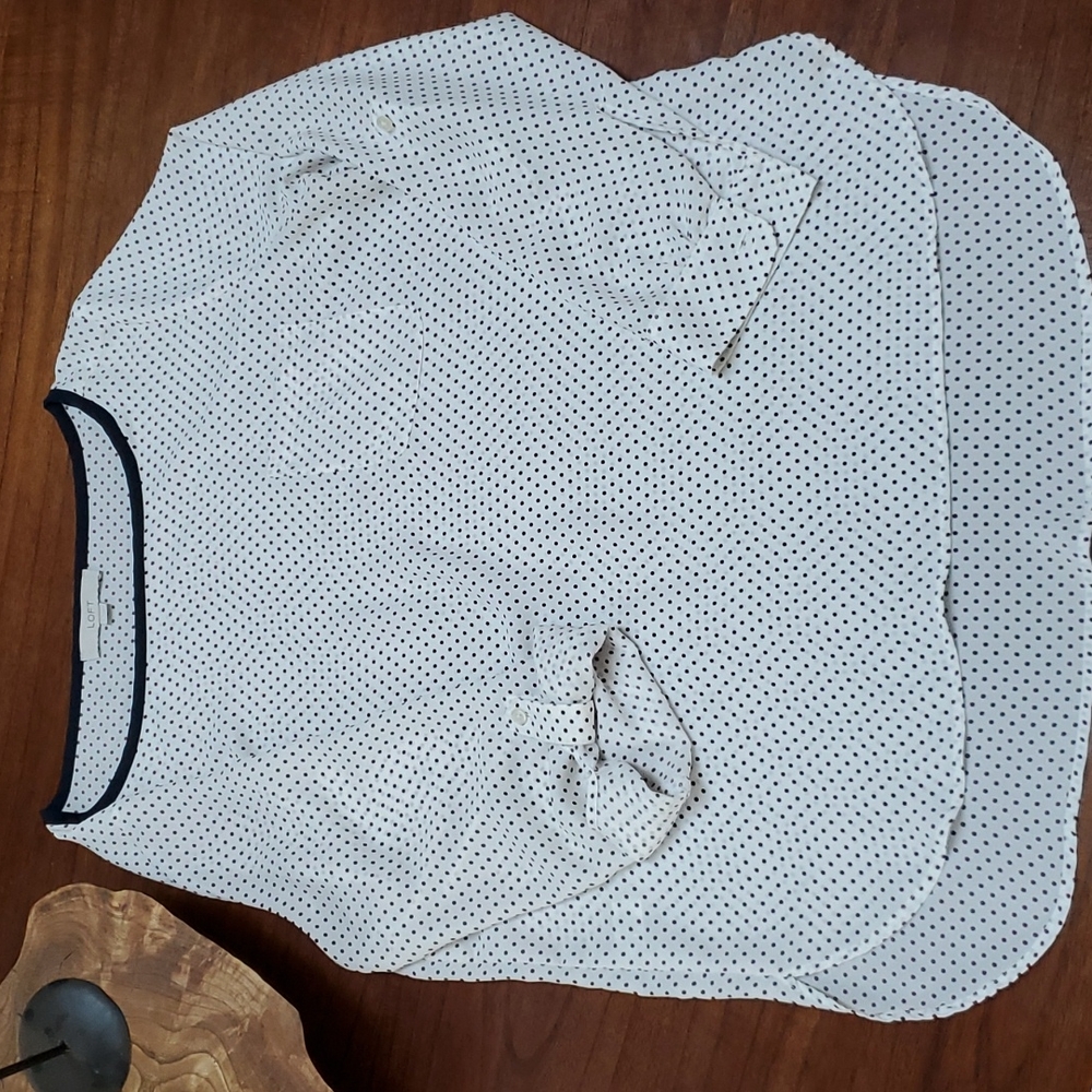 LOFT White Polka Dot Blouse with Black Trim